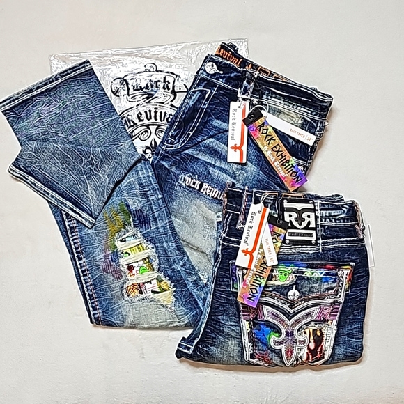 🆕️Rock Exhibition by Rock Revival LE Ruth Distressed Slim Taper Jeans. 40x32 - Picture 8 of 12